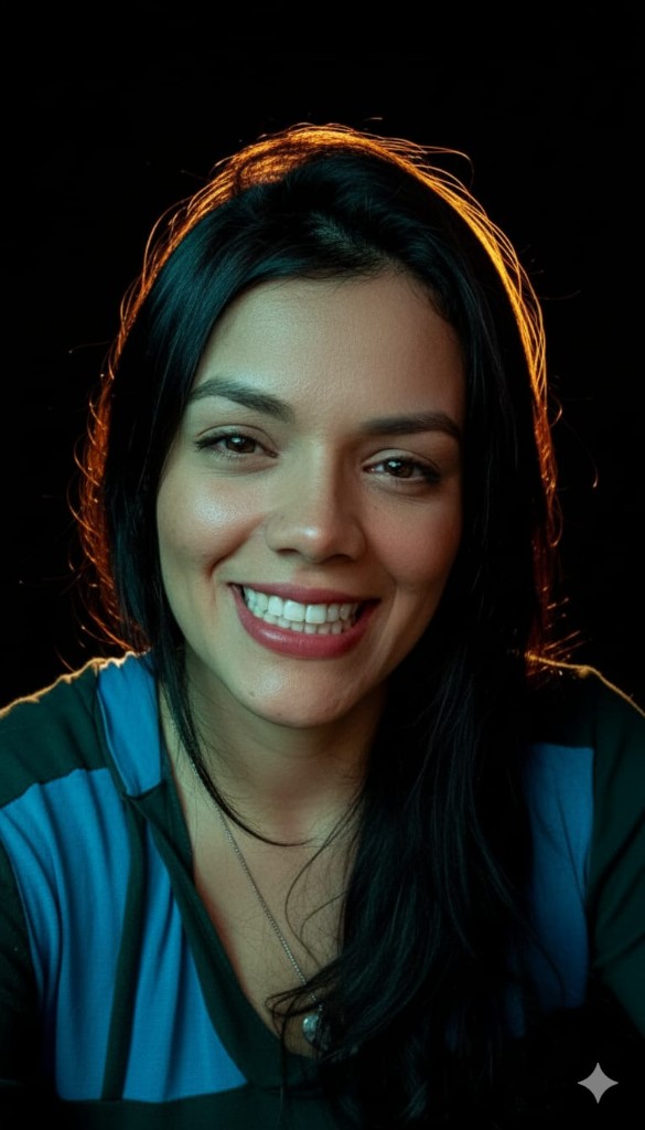 Retrato profissional de Caroline Ribeiro em estúdio, com fundo escuro e luz de contorno quente.